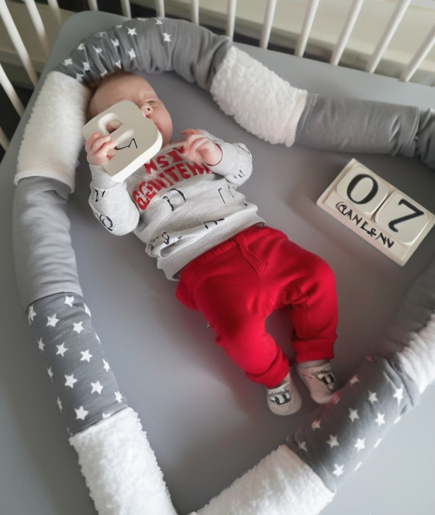 A peaceful baby sleeping in a crib with a soft, breathable Cotton Round Crib Fence in grey and white.